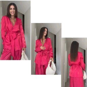 ZARA Womens Blazer Wrinkle Effect Belted fuchsia Hot Pink NWOT Sz L relaxed fit
